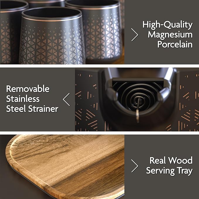 Vianté Luxury Tea Set. Electric Kettle with Infuser for Loose Leaf And Ceramic Serving Set. Teapot and Cup Set with Wooden Tray. Excellent Gift Idea For Tea Lovers.