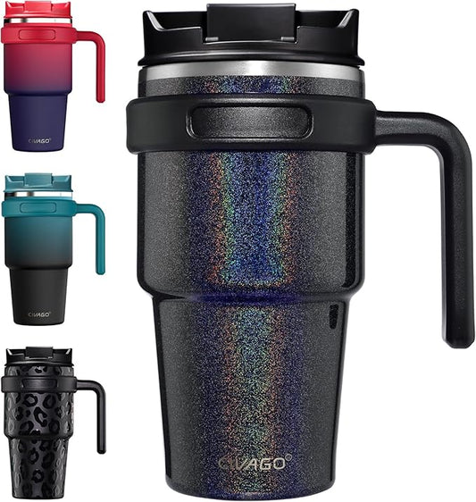 CIVAGO 20 oz Tumbler Mug with Lid and Straw, Insulated Travel Coffee Mug with Handle, Double Wall Stainless Steel Vacuum Coffee Tumbler, Thermal Coffee Cup, Flip lid, Black Glitter