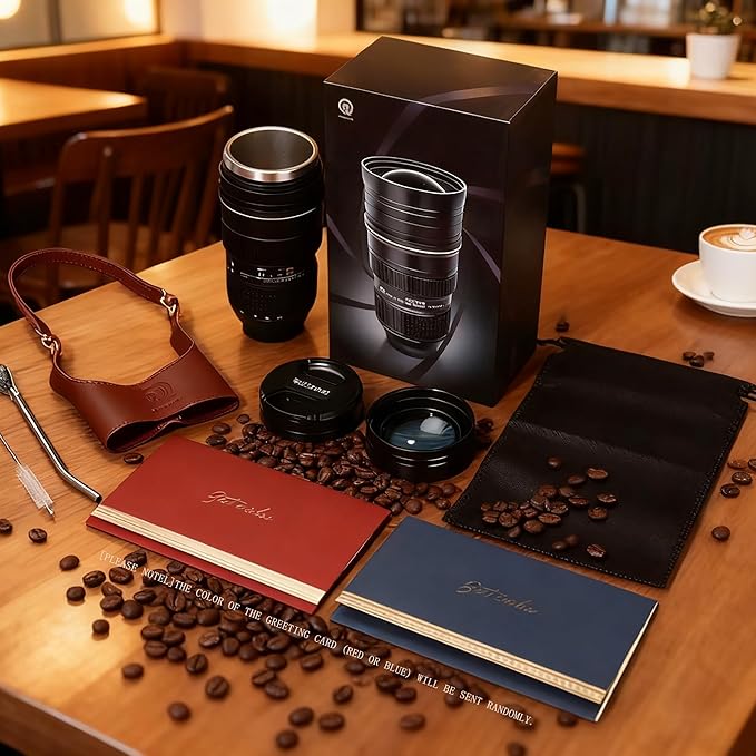 Camera Lens Coffee Mug (420ml/14oz) - Stainless Steel Travel Mug Set with 2 Leak-Proof Lids, Steel Straw, Cleaning Brush & Carrier Strap - Novelty Gift for Photographers & Travelers