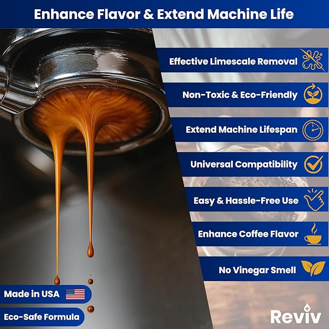 REVIV Descaling Solution for Coffee Machines (8 Uses) – 33.8 fl oz, Compatible with Espresso Machines, Keurig Coffee Machine, Nespresso, Delonghi, Breville – Removes Limescale & Enhances Flavor