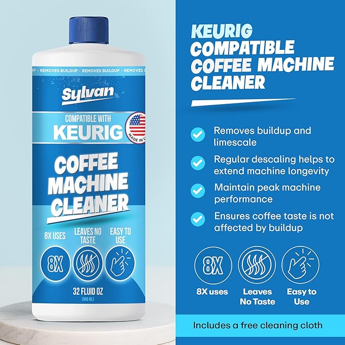 Descaling Solution Compatible with Keurig | Free Cleaning Cloth | 12 Month Supply | Made in the USA | Descaler for all Keurig Machines | 32 Oz | Coffee Machine Cleaner for Coffee Makers