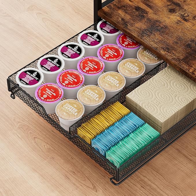 Coffee Bar Organizer Countertop, 3 Tier Mug Cup Holder Stand with 12 Hooks, 25 K Cup Coffee Pod Drawer with Mug Rack, Multifunctional Shelf for Accessories Kitchen (Black)