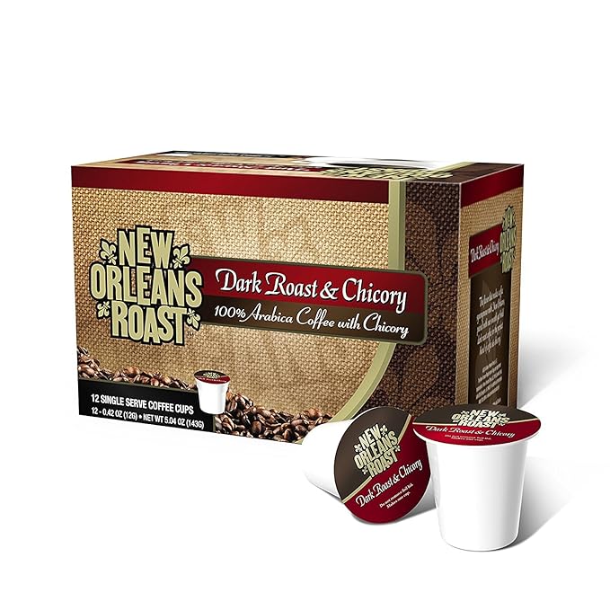 New Orleans Roast Dark Roast & Chicory Single Serve Cup 12ct - Authentic Taste of History - Caffeine Free Chicory Adds Depth to the Coffee - Nutty and Woody Notes of Flavor - Bold Dark Roast Coffee