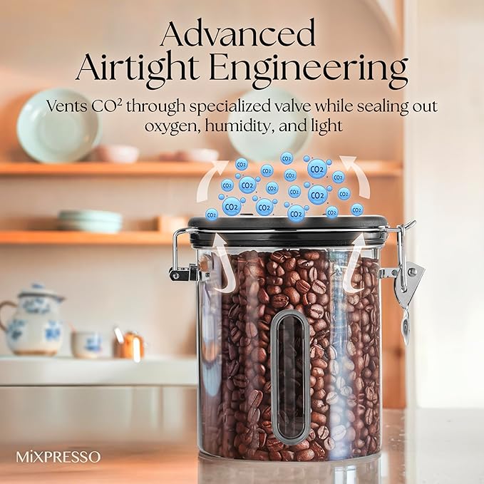 Mixpresso 16 Oz Coffee Canister with Window, Stainless Steel Airtight Coffee Container & scoop, Jar Tea Storage with Date Tracker, Vacuum Sealed Espresso Airtight Canister, Sugar Container
