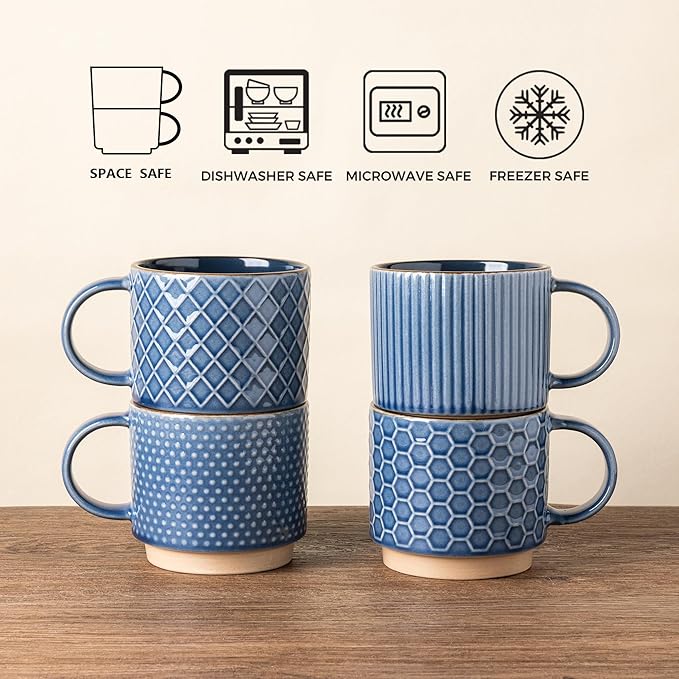 GBHOME 12 OZ Stackable Coffee Mugs, Ceramic Coffee Mugs with Texture Patterns for Man,Woman,Dad,Mom, Modern Coffee Cups Set of 4 for Latte/Cappuccino/Cocoa. Dishwasher&Microwave Safe