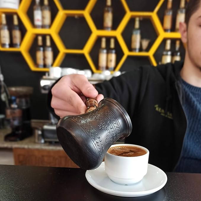 PCZ Series (Small-6 fl.oz) Thickest Solid Copper Engraved/Stamped Turkish Greek Arabic Coffee Pot with Wooden Handle, Stovetop Coffee Maker Cezve Jezve Jazva Jazzve Ibrik Briki (Antique)