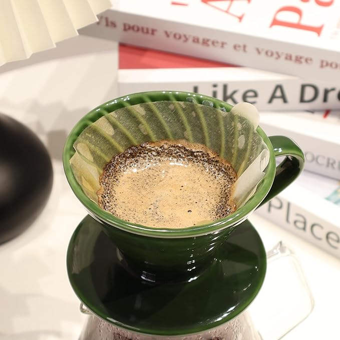 Ceramic Pour Over Coffee Dripper includes 50 Filters Porcelain Coffee Maker 01 Hand Drew Brewing Pottery Green Portable Artisanal Manual Gift for 1-2 People Home, Office, School, Camping