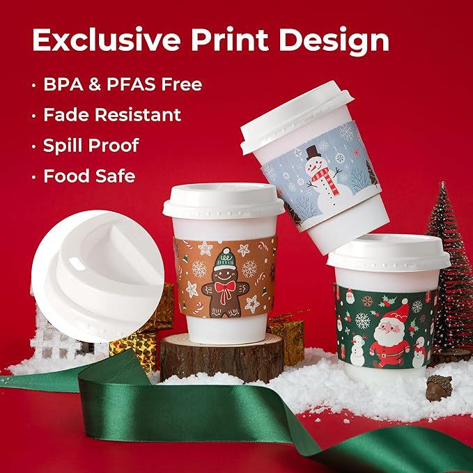 Fit Meal Prep 50 Pack 24 oz Christmas Disposable Coffee Cups with Lids, Sleeves, Leak-Proof To Go Coffee Cups with Lids, Durable Holiday Hot Paper Cups for Home, Office, Party, Business