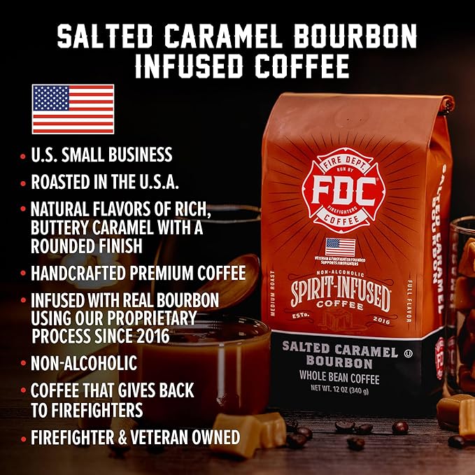 Fire Department Coffee - Salted Caramel Bourbon Coffee - Veteran Owned - Premium Bourbon Infused - Ground Medium Roast - Non-Alcoholic - Roasted in the USA - Veteran Owned (12 oz, Pack of 2)