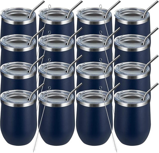 MEWAY 12oz Wine Tumbler 16 Pack Bulk Gifts for Women,Double Wall Vacuum Stainless Steel Travel Mug with Lid,Insulated Stemless Wine Cup Glass for Coffee,Cocktails,Drinks(Navy,Set of 16)