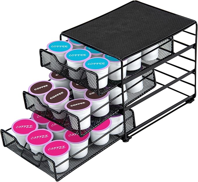 Restaurantware Restpresso 8.5 x 8.5x 7 Inch Multi-Tier Coffee Capsule Drawer 1 Heavy-Duty Pod Drawer - Holds 36 K-Cups Grip Top Iron Espresso Pod Organizer Mesh Tray Pods Not Included