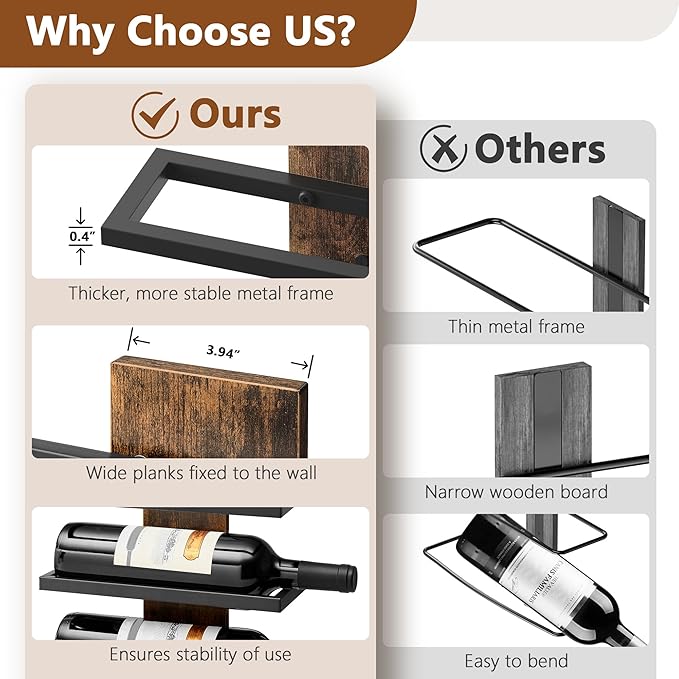 Hoctieon 3-Tier Wall Mount Wine Rack Set (6 Bottles), Wall Mounted Wine Bottle Racks for Display and Storage, Hanging Bottle Holder, for Living Room, Dining Room, Bar, Wine Cellar, Rustic Brown