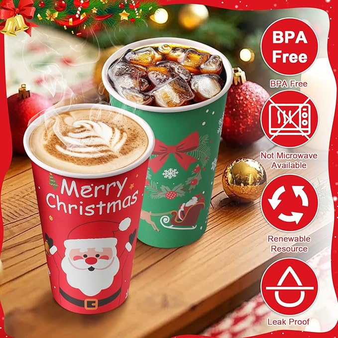 Lamosi Christmas Cups, 100 Pack 16 oz Christmas Disposable Coffee Cups with Lids, To Go Coffee Cups with Lids for Hot/Cold Beverage Drinking Xmas Holiday Party