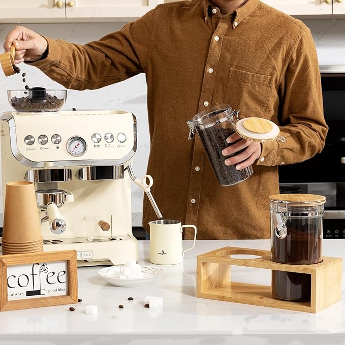 Yangbaga 2Pcs Coffee Sugar Canisters with Shelf, 38OZ Plastics Storage Containers for Ground Coffee Bean Storage with Lid Airtight Locking Clamp and Coffee Scoop, Food Storage Jar for Kitchen