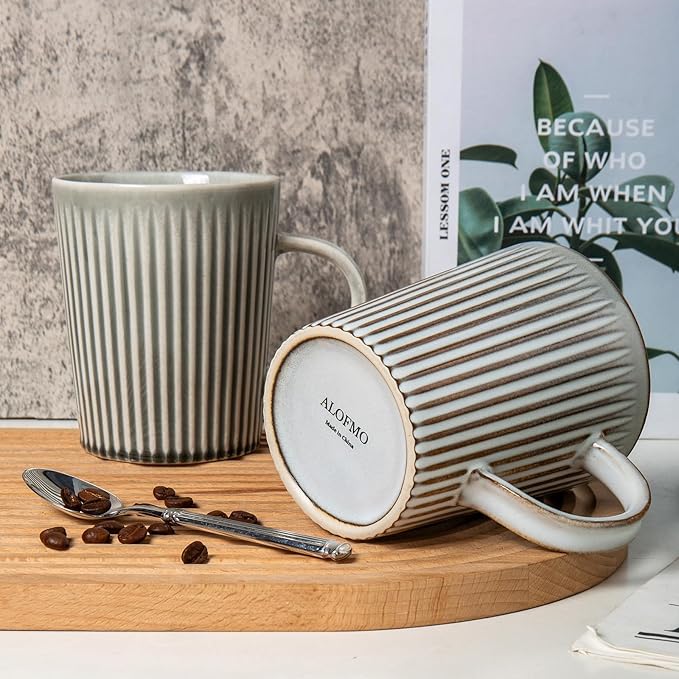 Coffee Mugs Set of 4 Modern Striped Stoneware Coffee Cups with Handle, Large Ceramic Gift Set for Women and Men, Dishwasher and Microwave Safe, 18oz for Hot Coffee, Tea, Cocoa, Milk