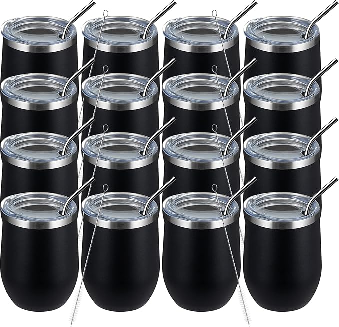 MEWAY 12oz Wine Tumbler 16 Pack Bulk Gifts for Women,Double Wall Vacuum Stainless Steel Travel Mug with Lid,Insulated Stemless Wine Cup Glass for Coffee,Cocktails,Drinks(Black,Set of 16)
