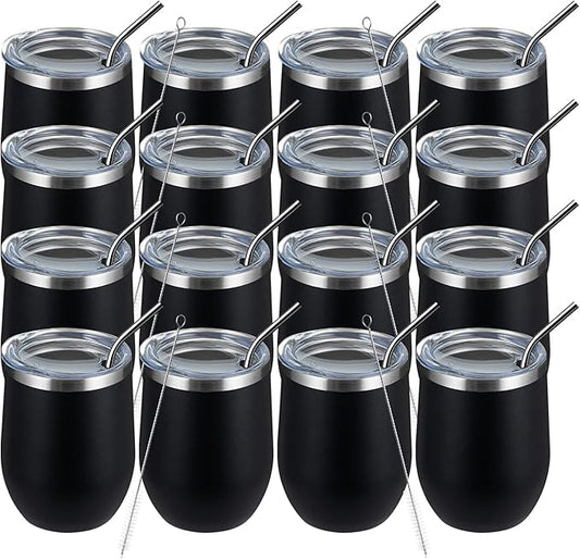 MEWAY 12oz Wine Tumbler 16 Pack Bulk Gifts for Women,Double Wall Vacuum Stainless Steel Travel Mug with Lid,Insulated Stemless Wine Cup Glass for Coffee,Cocktails,Drinks(Black,Set of 16)