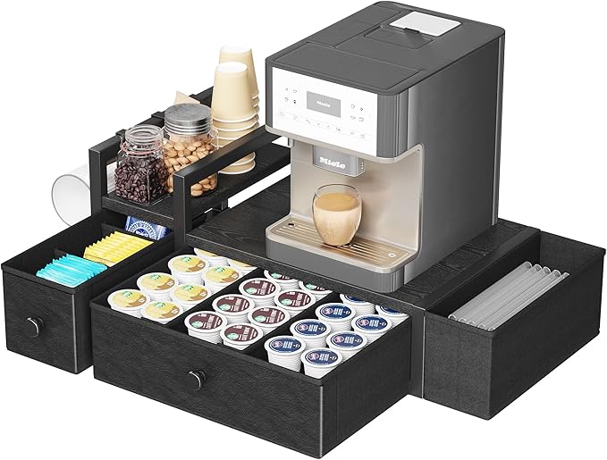 Homeiju Coffee Pod Drawers - K Cup Organizer, Nespresso Pods Holder with Mug Rack, Coffee Holder for Countertop, 52 Capacity Pods, Suitable for Kitchens, Offices and Coffee Bars(Black)