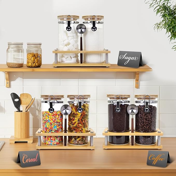 Glass Coffee Grounds Container with Wooden Shelf, 2 × 45 FLOZ Glass Coffee Canister with Sealed Locking Clamp, Kitchen Large Capacity Food Storage Jar with Metal Spoon