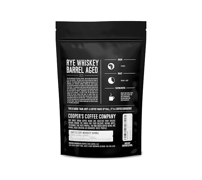 Rye Whiskey Barrel Aged Coffee, Medium Roast Ethiopian Beans Aged in Rye Whiskey Barrels,12 oz Bags, Ground