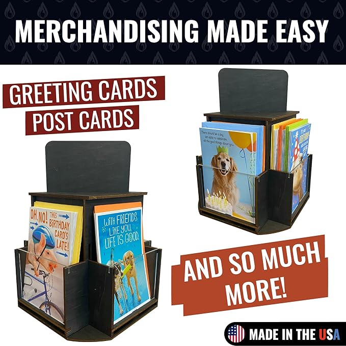 Rotating Greeting Card Display Stand, 1 Tier Wooden Organizer, 4-Sided Display Rack 360 Degree Spinning Multi-Pocket Display for Coasters, Stickers, Retail, Showcase, Tradeshow, 12.5”H (Ebony)
