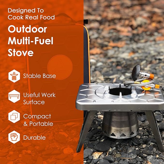 nCamp Kitchen to Go 5 Piece Bundle, Portable Compact Multi-Fuel Burning Camping Stove, ISO Propane Adapter, Elevated Bamboo Cutting Board Prep Surface, Cafe Coffee Maker, Carrying Bag, For Camping