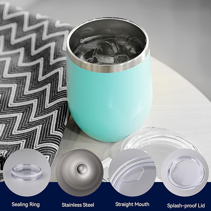 DOMICARE Stainless Steel Wine Tumbler Bulk with Lid, Personalized Insulated Tumblers Set, 12oz Travel Coffee Cups Pack of 12, Light Blue