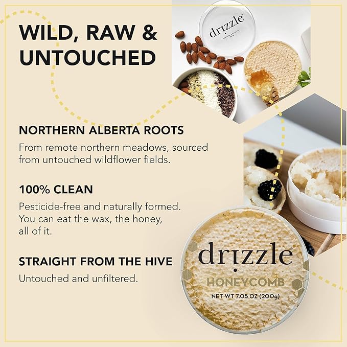 Drizzle Honeycomb - Raw All Natural Honey Comb, Edible Topping for Charcuterie, Unfiltered & Unheated, Pair with Cheese, Meat, Fruit, or Bread, Certified Kosher - 7.05 oz (200 g)