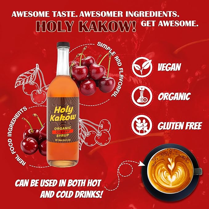Holy Kakow Cafe Organic Cherry Syrup - Cherry Syrup, Coffee Syrup, Organic Syrup for Coffee, Cherry Syrup for Coffee, Add to Latte, Cocktail and Shake, Real Food Ingredients, Specific Flavor - 750ml