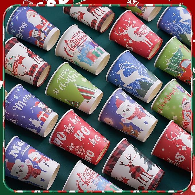 Christmas Cups with Lids and Sleeves 12oz Disposable Coffee Cups with Lids Hot Chocolate Cups 10 Designs, Christmas Paper Cups for Hot Cocoa Bar Supplies, 90 Pieces