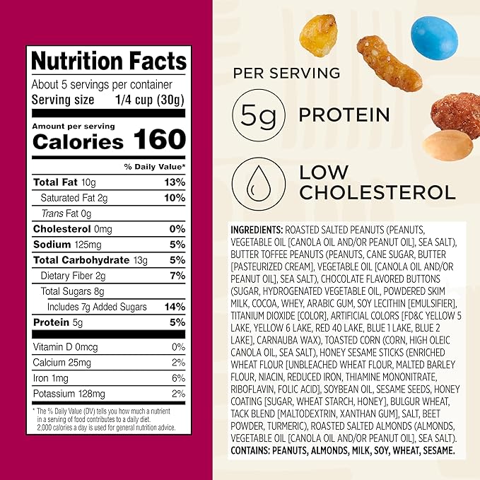 Snak Club Sweet and Salty Trail Mix with Peanuts, Butter Toffee Peanuts, Chocolatey Candies, Toasted Corn, Honey Sesame Sticks, and Almonds, Kosher Snack, 5.5 oz Resealable Bags, 6 Pack