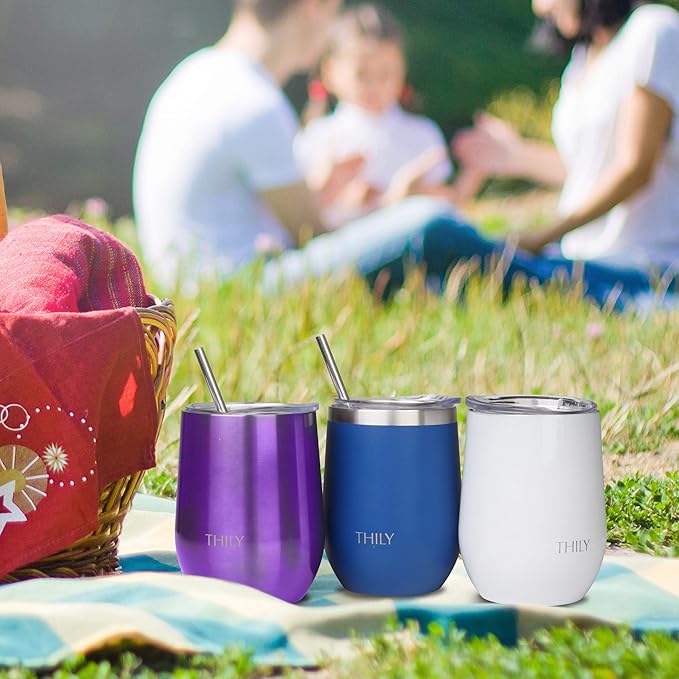 THILY Stainless Steel Insulated Wine Tumbler 4 Pack Stemless Wine Glasses with Splash-proof Lids, Metal Straws, Keep Cold for Coffee, Drinks, Christmas Gifts, Pearl White