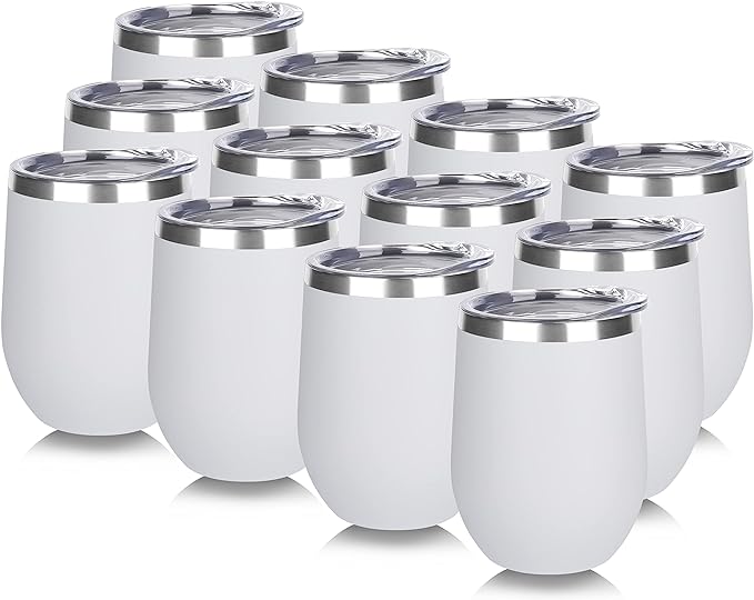 DOMICARE Stainless Steel Wine Tumbler Bulk with Lid, Personalized White Insulated Tumblers Set, 12oz Travel Coffee Cups Pack of 12