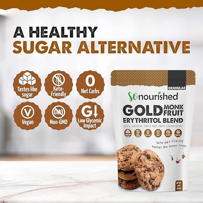 So Nourished GOLD Brown Sugar Alternative Substitute 1:1 Sugar Replacement - Monk Fruit Erythritol Sweetener for Low Carb Dieters and Diabetics - No Calorie Sweetener, Non-GMO (2.5 Pounds)