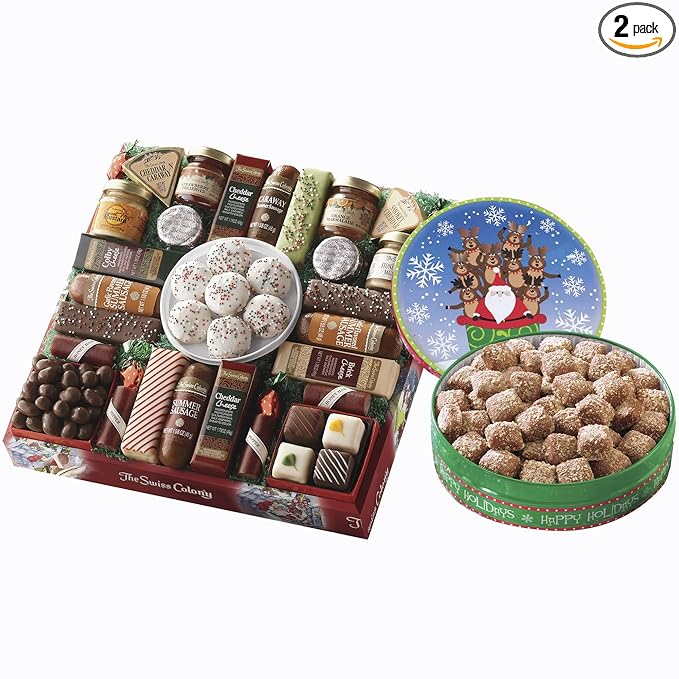 The Swiss Colony 27 Favorites and Mini Butter Toffee Christmas Gift Bundle - Assorted Cheeses, Candies, Chocolates, Summer Sausage Meats, and Butter Toffee