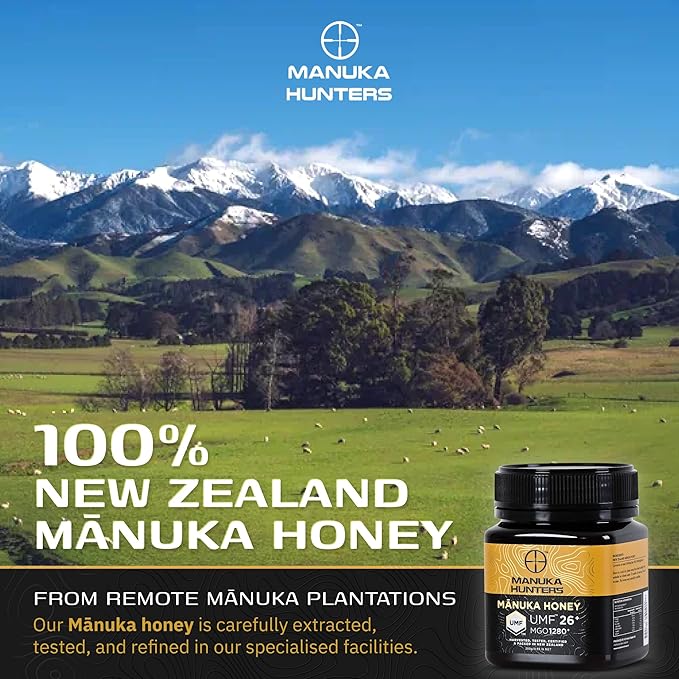 Manuka Hunters UMF 26+/MGO 1280+ Certified New Zealand Manuka Honey - 100% Pure Natural Sweetener - Gluten, Dairy Free - Ideal for Tea, Coffee, Smoothies, and Baking - Sustainable - 8.8oz/250g Jar