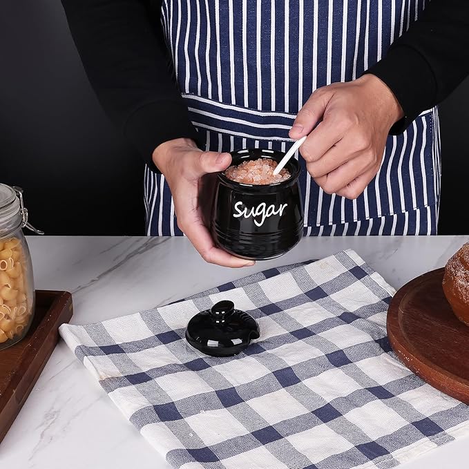 HAOTOP 12oz Sugar Bowl with Lid and Spoon,Ceramic Sugar Jar Sugar Dispenser Sugar Container Coffee Bar Accessories, Kitchen Countertop Canisters, Black