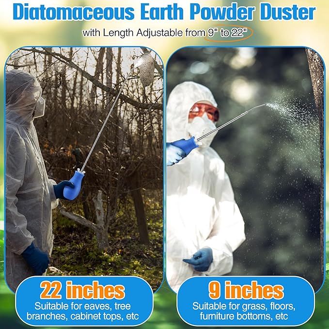 Diatomaceous Earth Powder Duster, Longer 9" to 22" Retractable Garden Powder Applicator Dispenser, 8 oz Bulb Duster Sprayer Insect for Home Organic Gardening Agricultural Supply (Blue,2 Pcs)