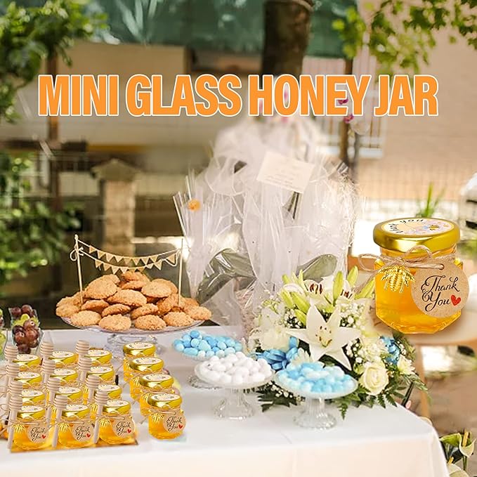 Mini Glass Honey jars-1.5 oz,60pcs Hexagon Honey Jars with Wood Dipper,Stickers,Bee Pendants,Tags,Rope,Small Honey Jars with Lids,Perfect for Wedding Favors,Jams,Baby Shower,Party Favors