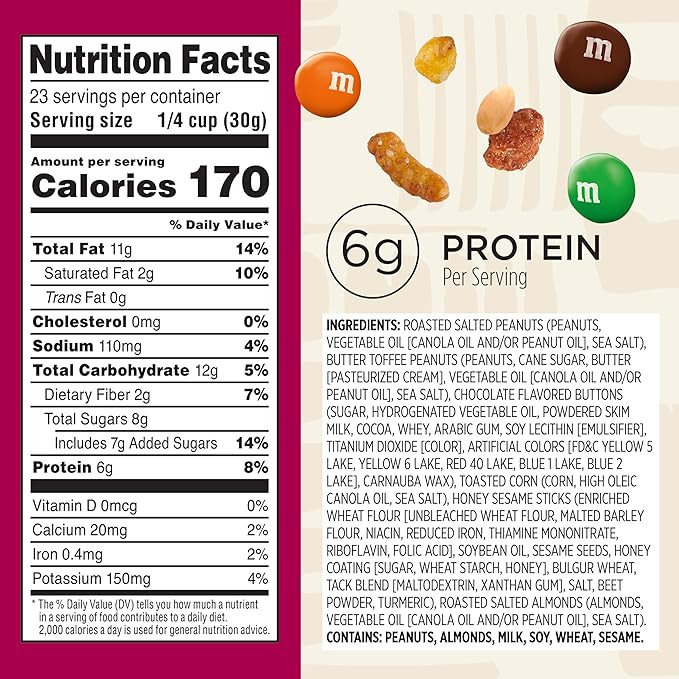 Snak Club Sweet and Salty Trail Mix with Peanuts, Butter Toffee Peanuts, M&M'S Chocolate Candies, Toasted Corn, Honey Sesame Sticks, and Almonds, Kosher Snack, 24 oz Resealable Bag