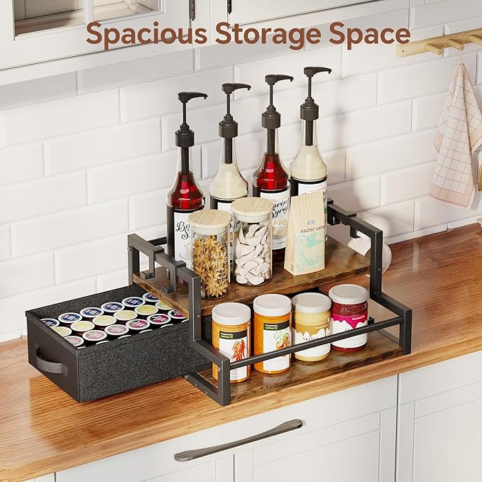 Coffee Syrup Organizer Rack, 2-Tier Coffee Bar Accessories, Bottle Holder Stand with K Cup Storage Drawer for Coffee bar, Wine Rack, Storage Shelves for Syrup. (Rustic Brown)