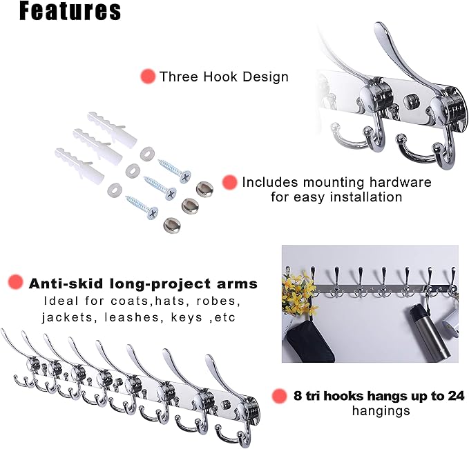 Dseap Coat Rack Wall Mount - 29.5” Long 8-Tri-Hooks Heavy Duty Coat Hanger Rail Wall Hooks for Hanging Coats Hats Clothing Clothes Purse Mudroom Entryway, Chromed