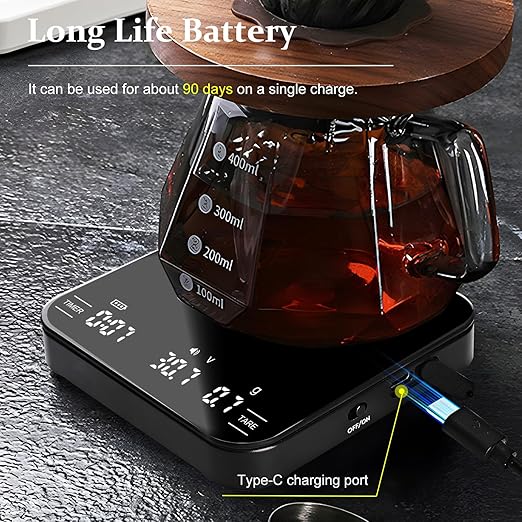 Digital Coffee Scale with Timer/Tare, 2kg/0.1g Precision Espresso Scale, Food Scale Rechargeable, Multiple Modes: Pour-Over/Espresso/Water Flow Speed, LED Display Kitchen Scale with g/oz/ml