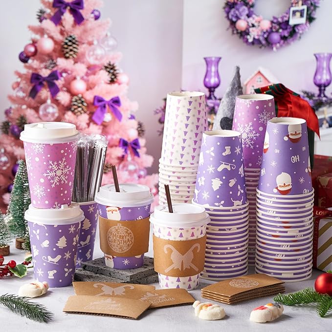 Remerry 100 Sets 400 Pcs 12 oz Christmas Disposable Coffee Cups with Lid, Straws and Sleeves Snowflake Reindeer Snowman Paper Cups Xmas Party Supplies for Hot Drink Cold Beverage (Purple Christmas)