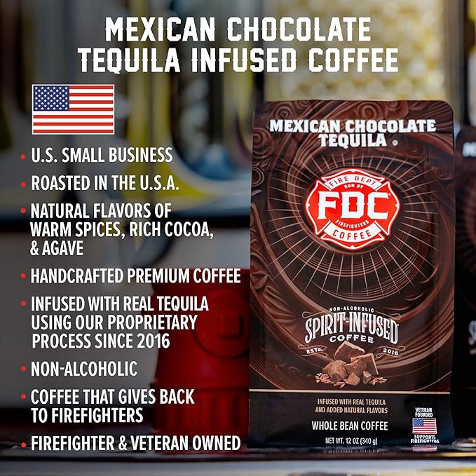 Fire Department Coffee - Gives Back to Firefighters - Mexican Chocolate Tequila Infused Whole Bean Coffee - Medium Roast - Non-Alcoholic - Roasted in the USA - Veteran Owned - 12 oz