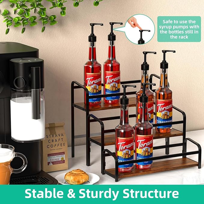 Coffee Syrup Organizer, 3-Tier Syrup Rack 12 Bottles Capacity, Coffee Syrup Rack Free-Installation(Magnetic Connection), Spice Rack for Countertop, Bar, Kitchen