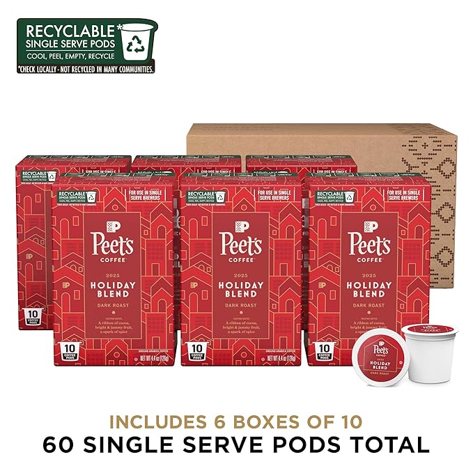 Peet's Coffee, Dark Roast Single Serve Coffee Pods - Holiday Blend 60 Count (6 Boxes of 10 Pods)
