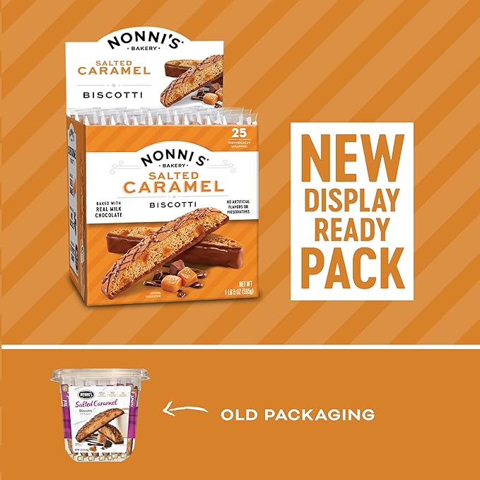 Nonni's Salted Caramel Milk Chocolate Biscotti Cookies — Individually Wrapped Italian Coffee Snack, Crunchy Twice-Baked, 90 Cal Each, 21 oz Carton, 2 Pack