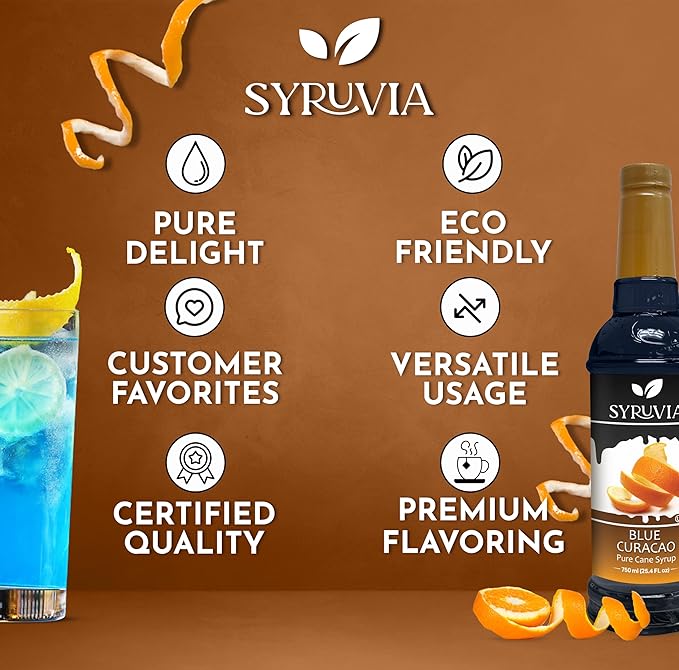 Syruvia Blue Curacao Syrup, Flavored Syrup for Cocktails, Drinks, Lemonades, Iced Teas, and Desserts – 25.4 fl oz