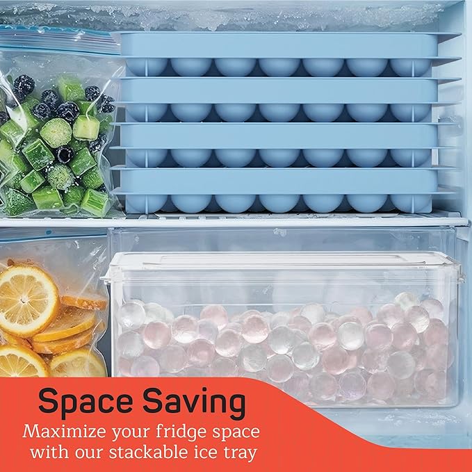 Round Ice Cube Tray Set Pack of 4, BPA-Free Stackable Trays with Lid & Tongs, 33 Ice Balls Per Tray for Whiskey, Drinks, and Cocktails, Quick Release Round Ice Cube Mold, Blue